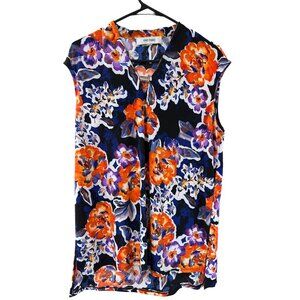 🌸3/$15🌸Navy Sleeveless Floral Blouse with V-neck sz L